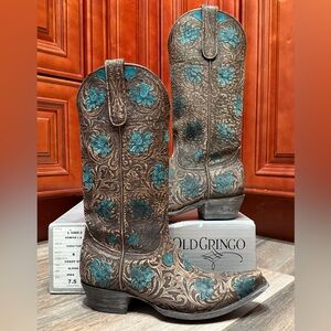 Old Gringo Cowboy Boots Edwine Turquoise Brown Floral Flower Wedding Tooled 7.5